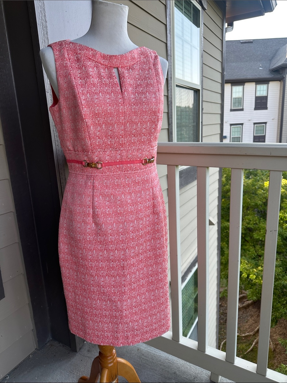 Textured Salmon Midi Sheath Dress with Slim Belt
